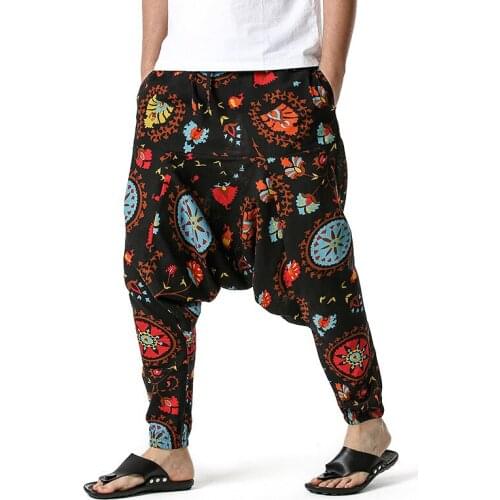 Mens Cotton Linen Harem Yoga Baggy Boho Pants Men African Clothes Hip Hop Streetwear Sports Floral Trousers Jogging Pants Men