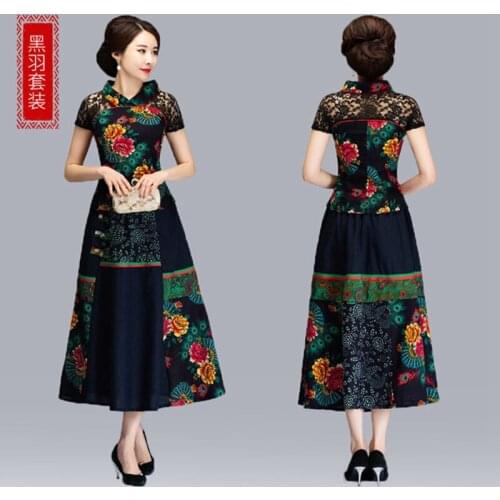 Chinese Style Plus Size XL New 2 piece suit (shirt+ skirt) women Retro printing set Casual elegant everyday Short sleeve set