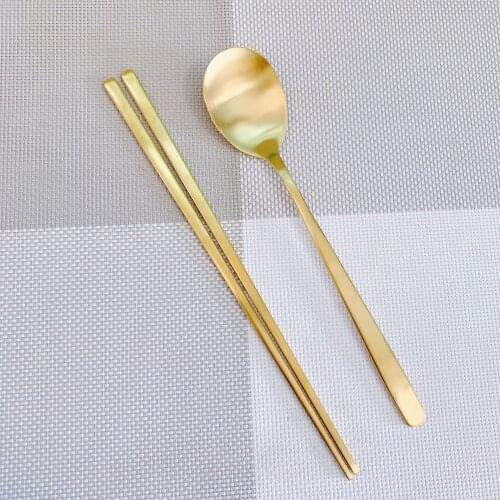 Stainless Steel Chopsticks Korean Spoon Set Flat Chopsticks Brushed Solid Chopsticks Gold-Plated Korean Tableware