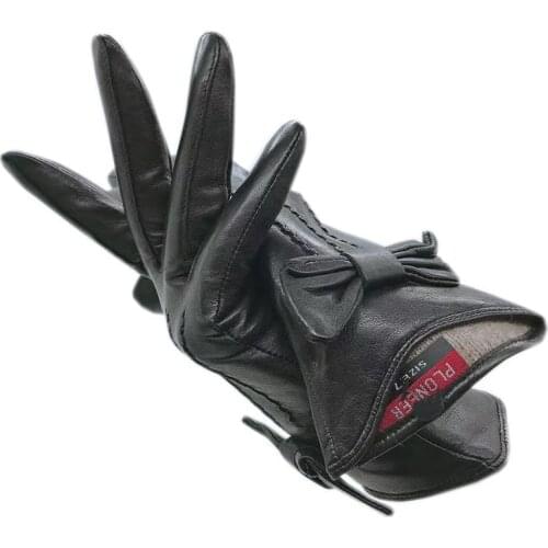 Sheepskin gloves winter ladies wrist new warm goatskin black gloves leather driving fleece lining genuine leather 2021-00052