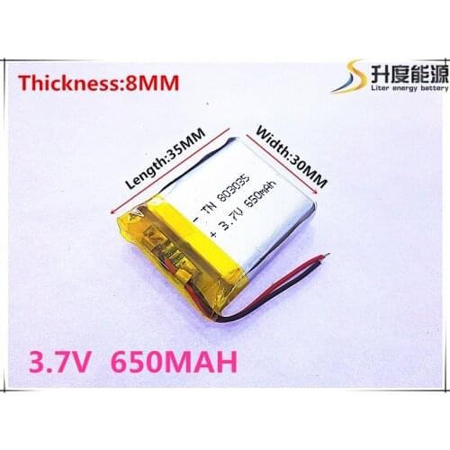 Polymer battery 650 mah 3.7 V 803035 smart home MP3 speakers Li-ion battery for dvr,GPS,mp3,mp4,cell phone,speaker
