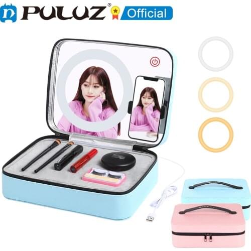 PULUZ 20cm 7.9 inch Touch Ring Light Multifunctional Live Broadcast Makeup Mirror Cosmetic Storage Box Bag for Tiktok YouTube