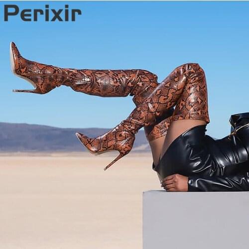 Perixir Thigh High Boots for Ladies Shoes Snakeskin Pointed Toe Super Thin High Heels Long Over the Knee Boots Bottine Femme