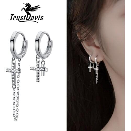 TrustDavis Real 925 Sterling Silver Fashion Cross Chain Shiny CZ Hoop Earring For Women Wedding Birthday Fine Jewelry DB1451