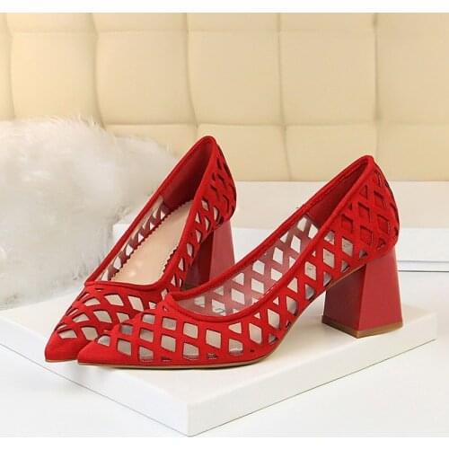 BIGTREE Fashion Retro Chic High Heels Chunky Pumps Women Pumps Open-cut High Heeled Shoes Pointed Single Shoes