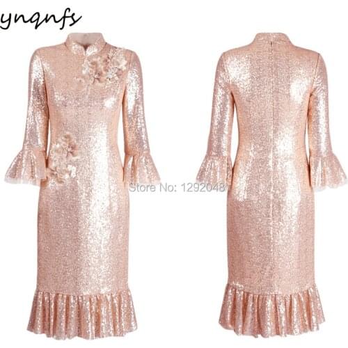3/4 Long Sleeves Bling Bling Sequins Elegant Mother of the Bride Groom Dresses Party Gown Outfits Tea Length 2019 YNQNFS MD410