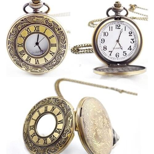 Vintage Unisex Hollow Round Dial Double Display Quartz Pocket Watch with Chain Vintage Pendant Necklace Best Gifts for Men Women