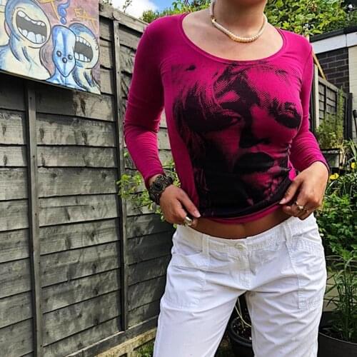 2000s Retro Face Print T-shirt Y2K Aesthetic Long Sleeve Slim Fit Crop Top Women Autumn Basic Sweats Tees E-girl Gothic Clothes