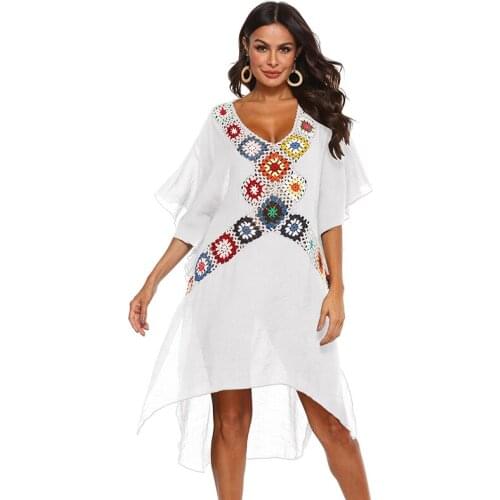 Womens Sexy Deep V Hand Hook Patchwork Beach Bikini Smoke Bat Sleeve Pullover Irregular Slip Beach Casual Dress
