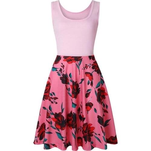 Summer Women Fashion Vintage Pink Sleeveless O-Neck Pactwork Slim Casual A-line Tank Knitting Dress