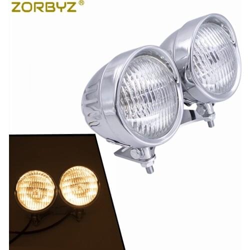 ZORBYZ New Chrome Motorcycle Dual Metal Headlight Lamp & Bottom Mount Bracket For Harley Cruiser Choppe Bobber Custom