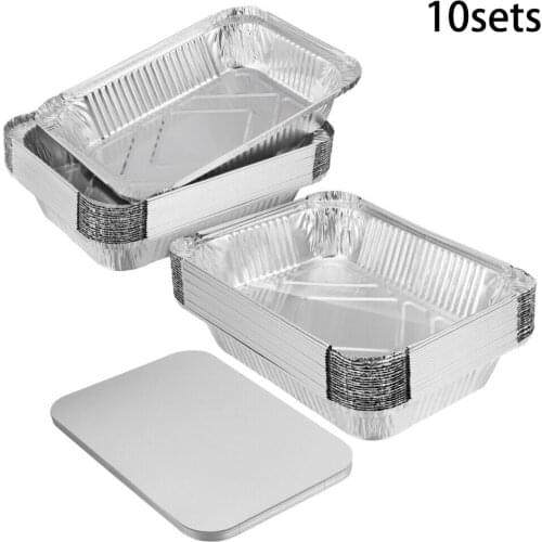 10 Set Aluminum Foil BBQ Box Trays Mold Disposable Roasting Baking Tray +Lid Disposable BBQ Boxes 22.4*17.5*4cm 930ML Drip Pans