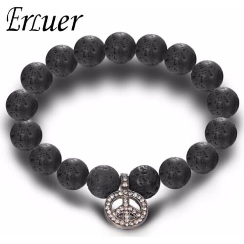 ARUEL Lava Stone Beads Bracelet peace symbol Strand Bracelets Handmade 2017 For Men Charm Cuff Wristband Adjustable Jewelry