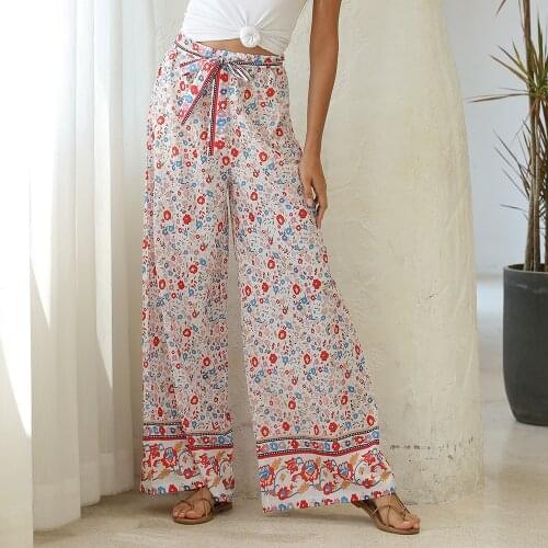 Loose Casual Womens Bohemian Summer Floral Print Pants Wide Leg Beach Trousers Fashion High Waist Bandage Long Pant 2021 New