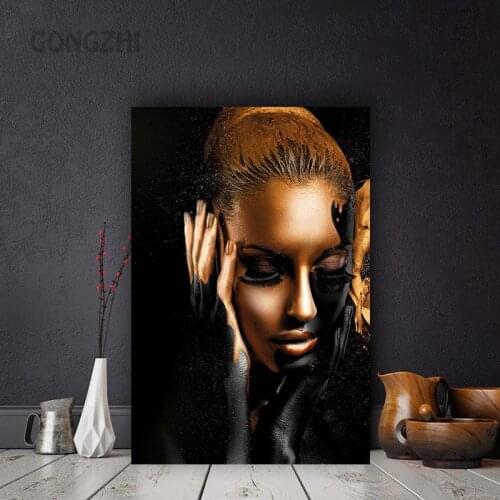 Nordic Canvas Painting Black Gold Nude African Sexy Woman Canvas Painting Art Wall Posters and Pictures Decor Girls Room Mural
