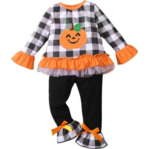Toddler Girls Halloween Clothes Set, Pumpkin Embroidery Long Sleeve O-neck T-shirt + Plaid Print Flared Trousers, 1-6Years