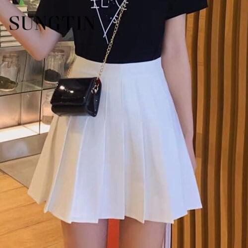 Sungtin Sweet Harajuku High Waist Pleated Skirt Women Solid Simple School Korean Mini Skirt Fashion Elegant Summer Skirt 2021