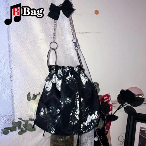 Fashion butterfly Printing Mini Crossbody Bag For Women Metal ring chain Denim Small Bag Bucket Handbag Drawstring Shoulder Bag