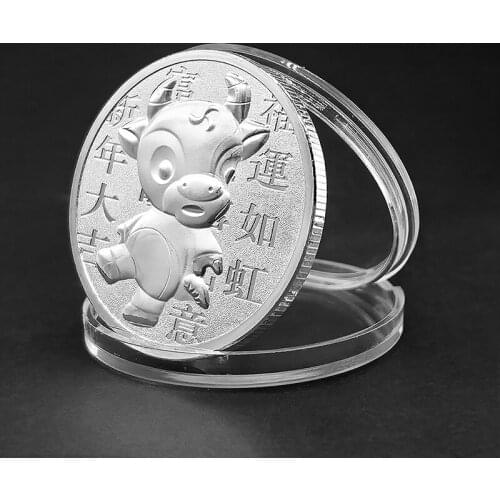 Non-Magnetic Good Luck Silver Commemorative Coins 2021 the Year of Ox Blessing Wishing Bullish Souvenirs Happy New Year Gifts