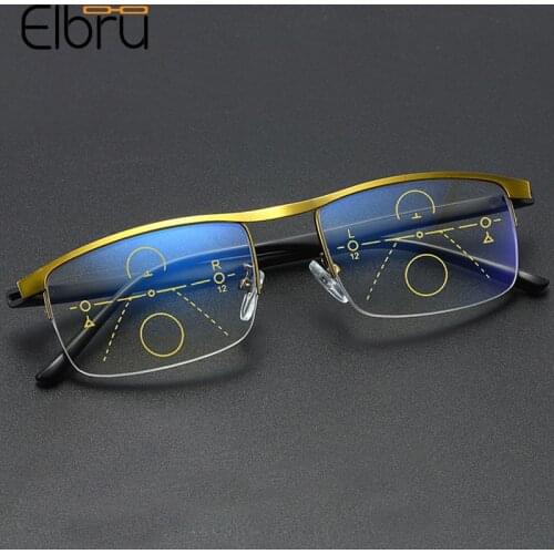Elbru Vintage Half Frame Anti Blue Light Reading Glasses Progressive Multi-focus Presbyopic Glasses Unisex Diopters+1.0 to +4.0