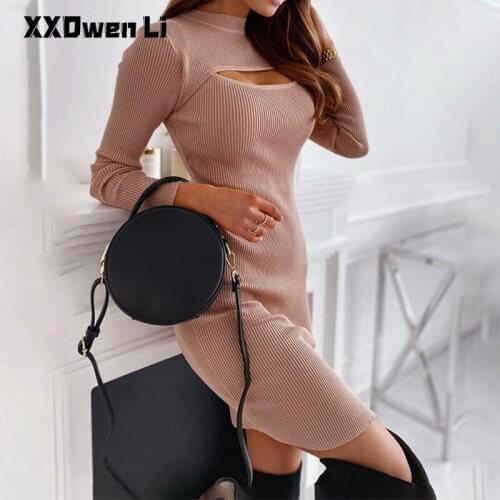 Autumn Sexy Hollow Out Chest Bodycon Long Sleeve Womens Mini Dress Ladies Elastic Slim Black Party Dresses Woman Split Dress