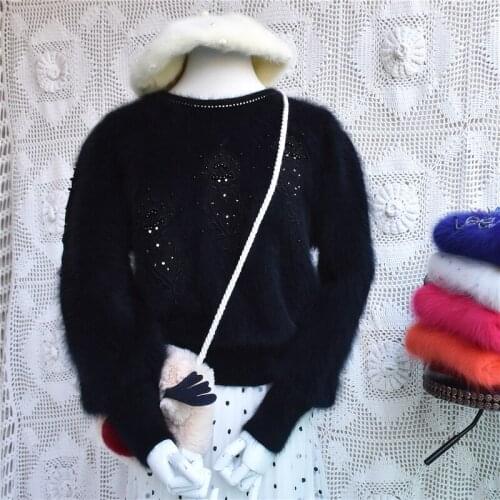Autumn female top sweater black vintage emboridery crochet angpra rabbit fur long sleeve knitted women blouse pullover clothing