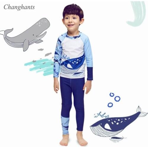 2-12 Y Kids Long Sleeve Rash Guards Blue White Whale Boys Two Pieces Swimwear Children Surfing Suit School Boy Swim Pool Suit