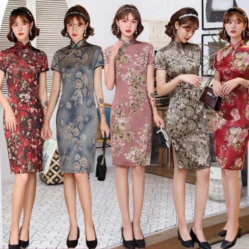2020 Summer Autumn Cheongsam Dress Vintage Plus Size Chinese Traditional Dresses Floral Slim Dress Qipao Knee-length Cheongsam