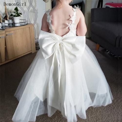 Cute Ivory Flower Girl Dresses Tulle Appliques Bow Knot Little Princess A-Line First Communion Dress Christening Gown