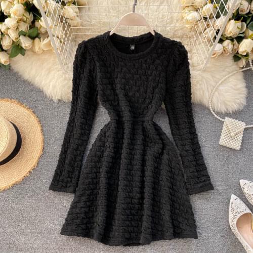 Womens Dress A-line Plush Pattern Slim Waist Hollow-out Solid Color Long Sleeves Wholesale 2021 New Fashion Female Clothing