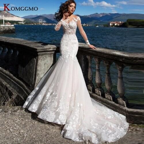 Luxury Full Sleeve Court Train Embroidery Appliques Tulle Mermaid Wedding Dress Elegant O-Neck Button Back Bridal Gown 2021