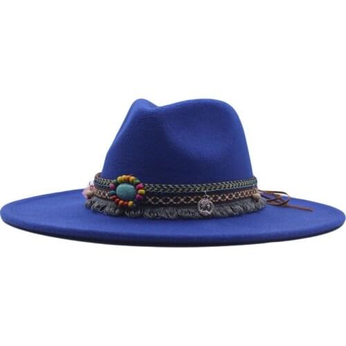 Winter Men Women Vintage Ethnic Style Felt Fedora Hat Wide Brim Autumn Panama Hats with Buckle Trilby hat