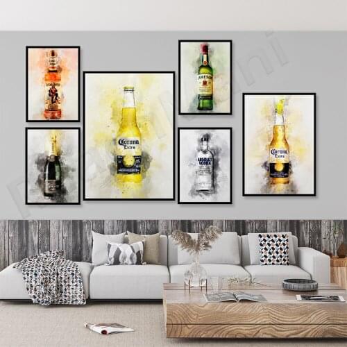 Modern abstract watercolor champagne graffiti poster, watercolor beer, champagne vodka, tequila wall art canvas painting poster