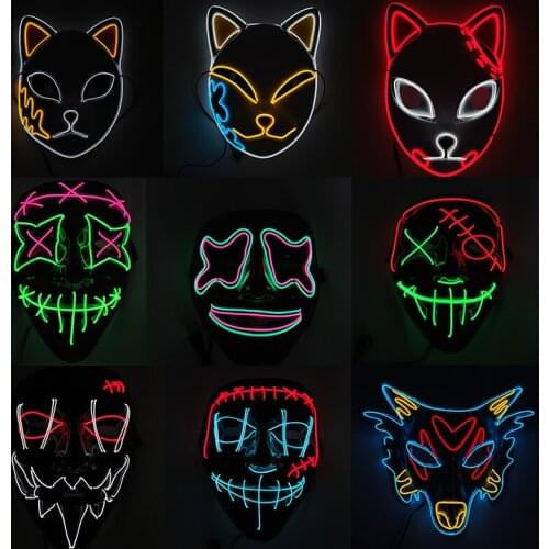 Glowing Scary Face EL Wire Mask Japanese Fox Wolf Mascara Anime Accessories Cosplay LED Mask For Halloween Party Decoration