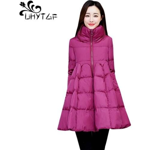 UHYTGF High waist mid length winter cotton jacket Parker women fashion Cloak type Loose Down jacket Casual warm outerwear 1088