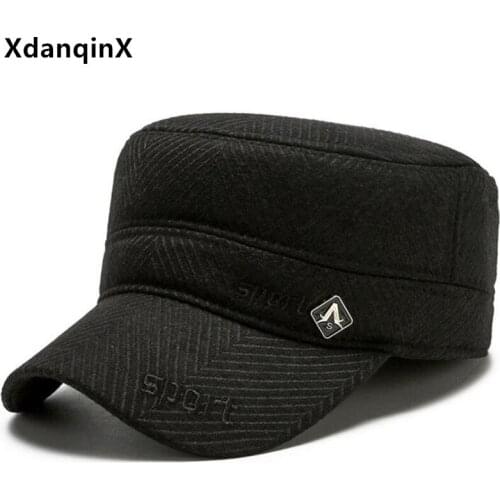 XdanqinX Winter Mens Warm Cap Thermal Navy Military Hats Snapback Cap Adjustable Size Men Flat Caps Casual Sports Earmuffs Hat