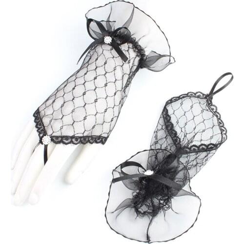 Women Wedding Elastic Mesh Cloth Party Formal Etiquette Mitten Nightclub Sexy Lace Rhinestone Princess Erotic Dance Glove I85