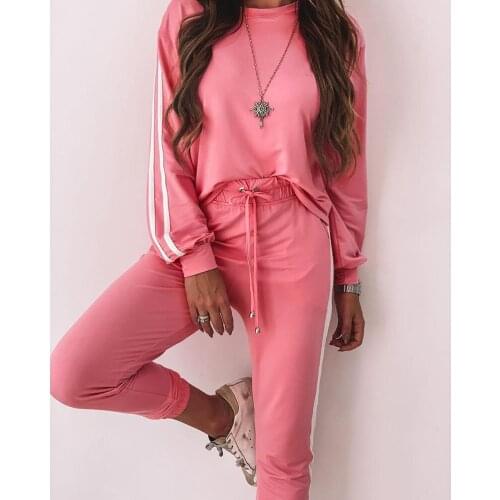 Women New Running Suit Casual O-neck Striped Long Sleeve Pullover Hoddies And Loose Long Pants 2 Pieces Set Street Tracksuit Set
