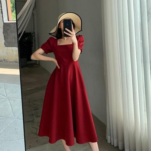 High Quality Women Summer Dress Red Vintage Puff Sleeve Square Collar Woman Dresses Vestidos Female Clothes Robe Longue WPY3720