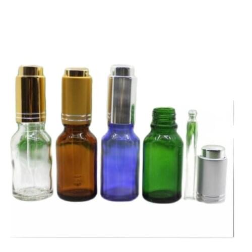15ml 50pcs transparent/blue/green/brown glass bottle with silver pump dropper essential oil serum liquid skin care cosmetic pack