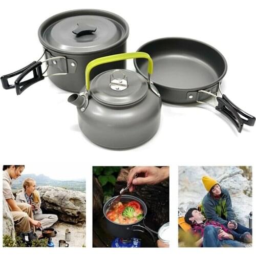 Portable 3Pcs Camping Cookware Set Outdoor Cooking Pot Frying Pan Kettle Tableware Hiking Picnic Aluminum Camping Cooking Set