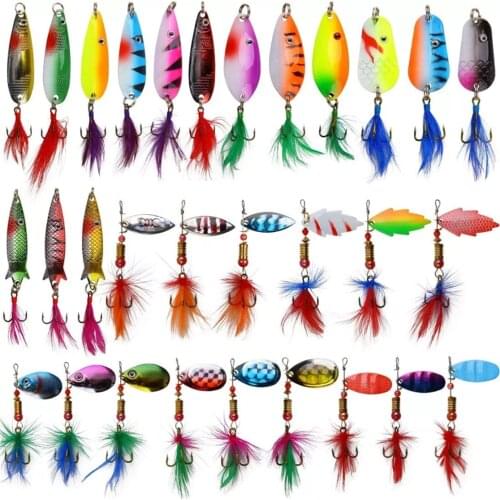 30pcs/set Spoon Lures Spinner kit with Feather for Pike Salmon Bass Rotation Fishing Sequins Hard Bait leurre peche brochet