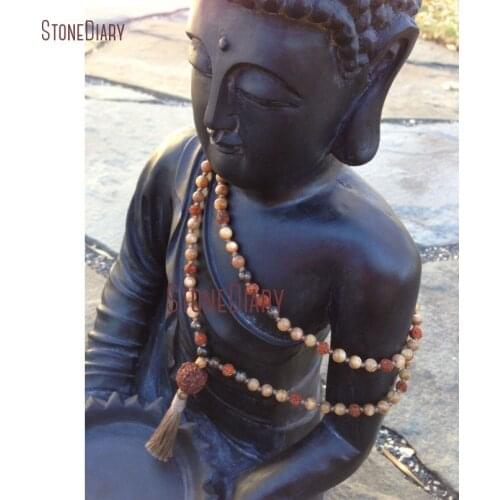 40inch Long Layering Hand knotted Ambers Shell, Bronzite & Rudraksha 108 Bead Mala Necklace NM10950