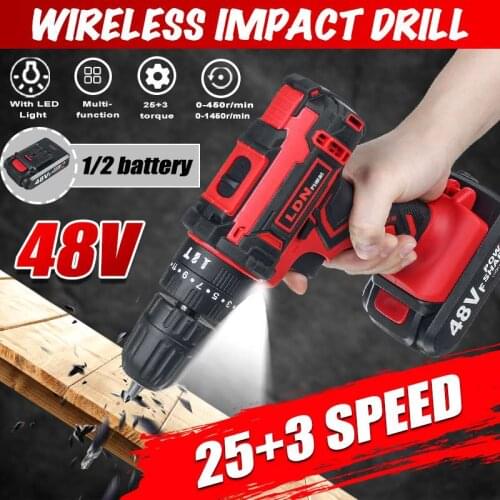 48V 25+3 Torque Cordless Impact Drill Electric Screwdriver Hammer Drill Electric Power Screwdriver With 2Pcs Lithium-Ion Battery