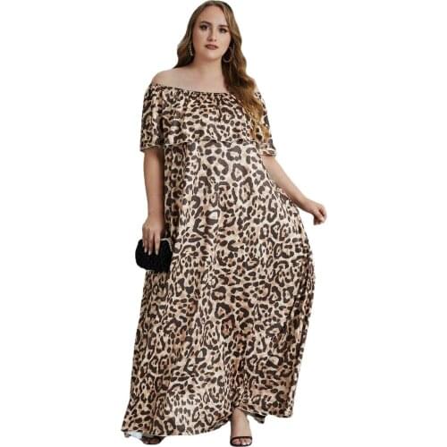 5xl Plus Size Womens Clothing Fashion Casual Sexy One Shoulder Ruffled Backless Loose Leopard Print A Line High Waisted Dress