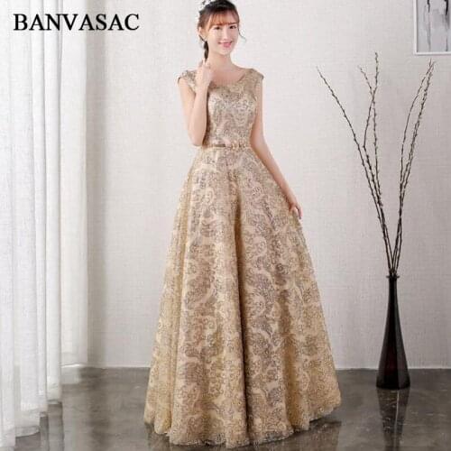 BANVASAC 2018 A Line O Neck Sequined Long Evening Dresses Elegant Lace Party Crystal Sash Open Back Prom Gowns