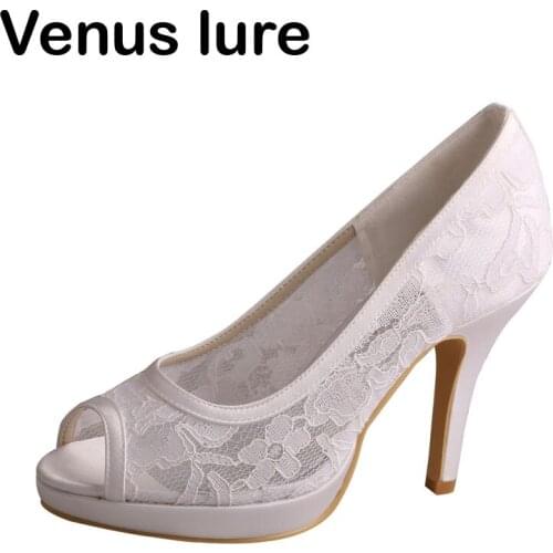 White Lace Peep Toe Wedding Heels for Women Fashion Platform Bridesmaid Dress Shoes