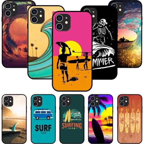 For iPhone 11 12 8 Plus Mini Pro X XR XS Max 4 5 7 6 6S 8 SE Phone Case Black Cover Back Silicone Funda Tpu Sea Surf Waves