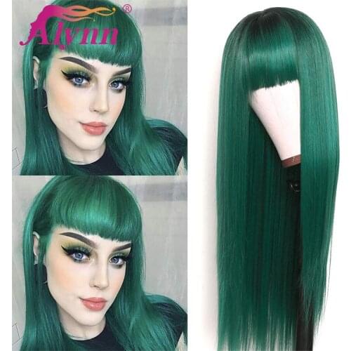 Alynn Long Green Straight Wig Synthetic Wig With Bangs Natural Wigs For Women Colorful Cosplay Daily Party Wig Heat Resistant