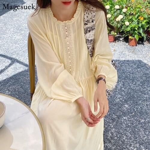 Korean Chic Lace Stitching Pleated Dress Women Loose Yellow White Long Dress Female Casual Elegant Party Dresses Vestidos 14515